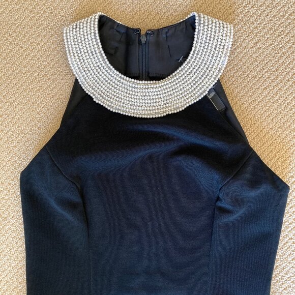 VTG Alex Evenings Black Halter Formal Gown Sz 8 Sheath Maxi Dress Pearl Collar - Picture 5 of 17